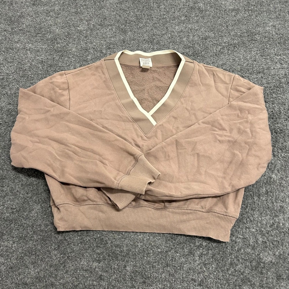 PINK Sweatshirt Womens Size S Mauve Brown V-Neck Cropped Fleece Pullover Casual